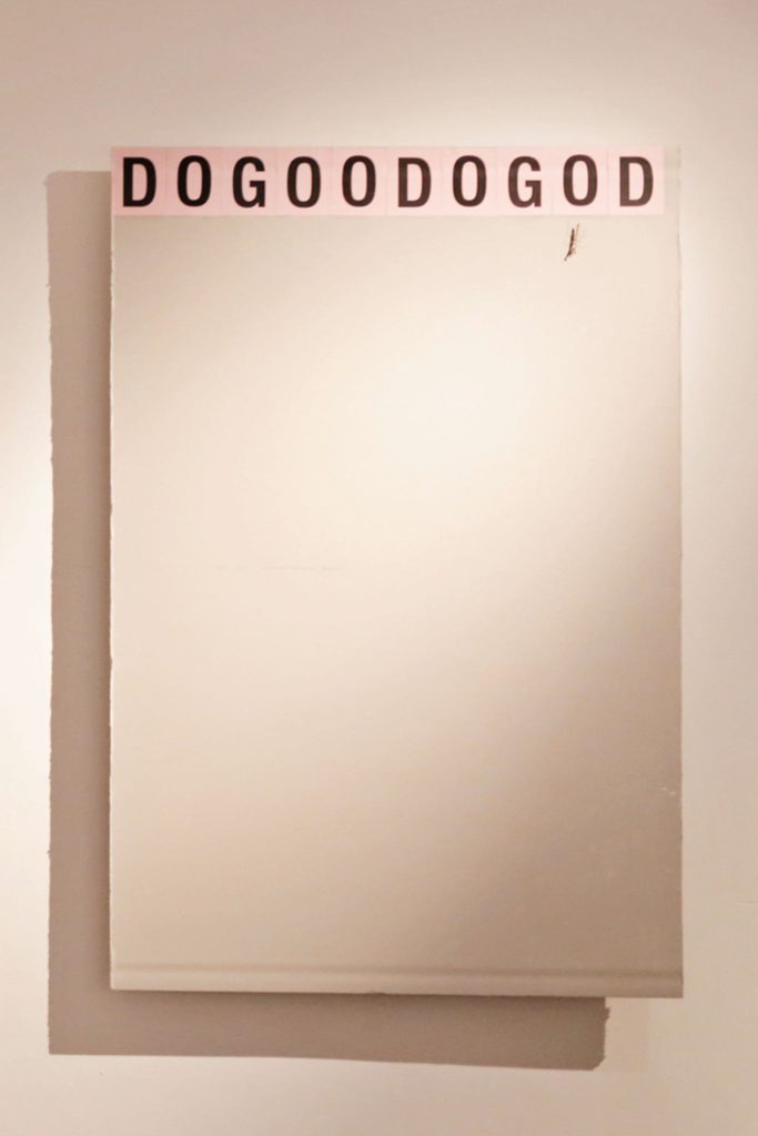 'DOGOODOGOD' lettered panel artwork by Ben McCready from the 'I C U L8R' exhibition at The Slow