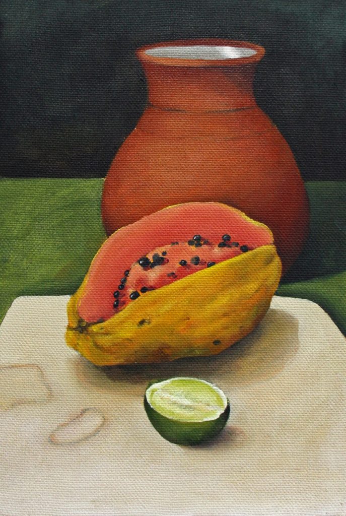 Still-life painting by Max Berry of a terracotta vase, halved papaya and lime